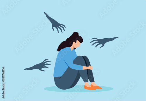 Flat illustration of depressed woman sit alone with abusive shadowy hand symbolizing harassment and fear.