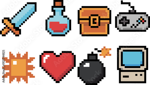 Pixel art retro game icons set, 8 bit sword potion chest controller heart bomb sun computer illustration