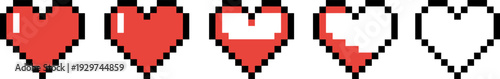 Pixel art heart animation set showing health reduction stages retro 8-bit arcade game UI asset vector illustration