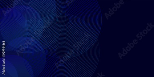 Abstract geometric digital art with a deep navy blue background, layered translucent circular shapes in indigo and blue tones, line patterns, smooth gradients