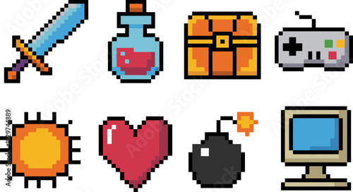 Pixel art game asset icons set, retro 8 bit sword potion chest controller bomb heart sun monitor