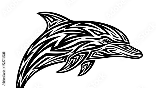 Tribal Dolphin Tattoo Design, Black and White, Artistic Marine Animal