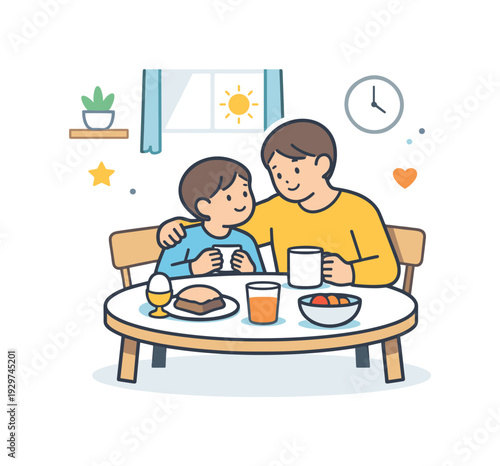 Peaceful family morning at home focused on gentle closeness and shared routine before the day begins, an adult and child sitting together at a small kitchen