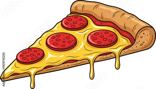 Delicious Slice of Pepperoni Pizza Illustration with Melting Cheese and Thick Crust Cartoon Style Vector Art Isolated on White Background for Fast Food Design