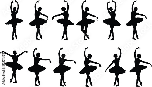 Silhouettes of ballet dancers in various poses
