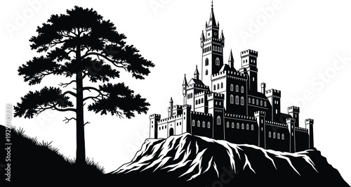 Black and white of a castle on a hill with a large tree nearby