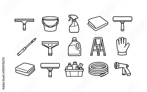 Home window cleaning tools: linear style squeegee, bucket, spray bottle, microfiber cloth, scrubber, extension pole, scraper blade, detergent bottle, ladder,