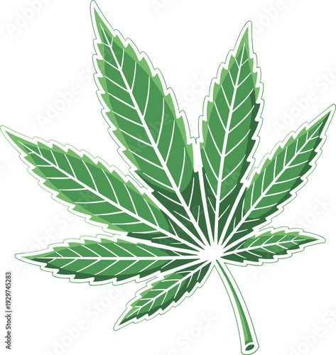 Green Cannabis Sativa Leaf Vector Illustration with White Outline, Isolated Marijuana Foliage Silhouette for Medical Herb Design, Natural Botanical Hemp Element for Graphics