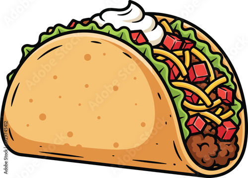 Mexican Beef Taco Illustration with Crunchy Corn Shell Lettuce Tomato Cheese and Sour Cream Topping Isolated Cartoon Vector Graphic for Food Menu Design