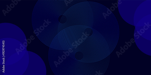 Abstract geometric digital art with a deep navy blue background, layered translucent circular shapes in indigo and blue tones