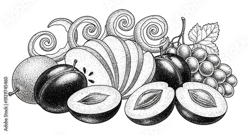 black and white fruit illustration with melons and grapes