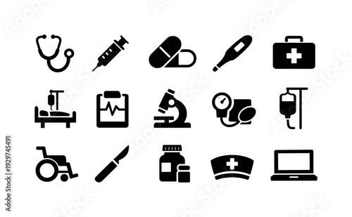 Healthcare Solutions in silhouette style: stethoscope, syringe, pill, thermometer, first aid kit, hospital bed, medical chart, microscope, blood pressure cuff,