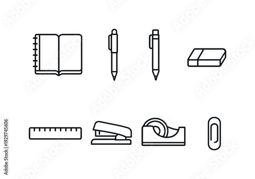 Office desk daily stationery: linear style notebook, ballpoint pen, mechanical pencil, eraser, ruler, stapler, tape dispenser, paper clip