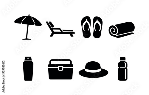 Outdoor beach essentials: beach umbrella, sun lounger, flip flop, beach towel, sunscreen bottle, cooler box, straw hat, water bottle
