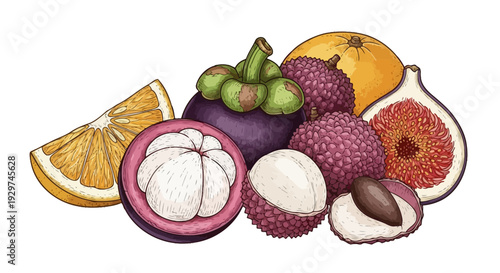 tropical fruits arrangement with mangosteen, rambutan and citrus