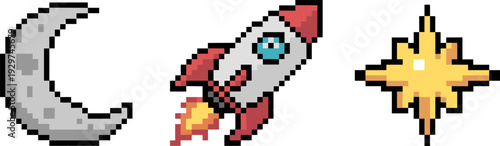 Pixel art space icons set with moon rocket and star, retro 8-bit arcade game assets flat vector illustration