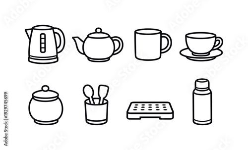 Home kitchen beverage preparation: linear style electric kettle, tea pot, coffee mug, tea cup, sugar jar, spoon holder, drip tray, insulated bottle