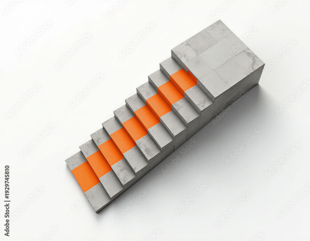 Obraz premium Brutalist concrete staircase overhead view with sharp zigzag geometry, diagonal shadows on raw aggregate texture, high contrast black-white with electric orange accent