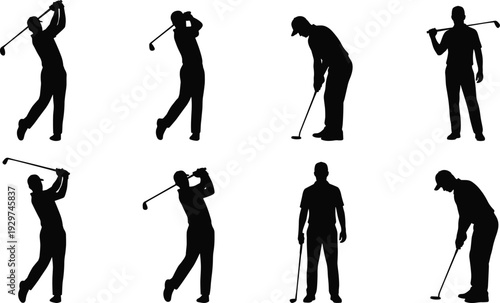 Golf player silhouette vector illustration collection, eight black icons showing swing poses, follow-through movements, and standing positions