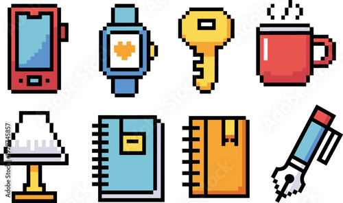 Pixel art everyday objects icon set, retro 8 bit illustration with smartphone watch key mug lamp notebook pencil