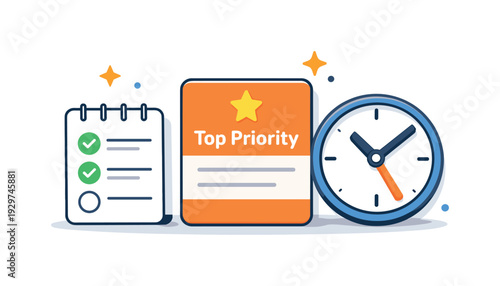 Mindful daily planning and clear priority focus for modern professionals, a short to-do list paired with one highlighted task card and a small clock symbolizing