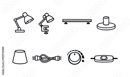 Office desk lighting items: linear style desk lamp, clamp lamp, LED bar, lamp base, lampshade, power cord, dimmer knob, lamp switch