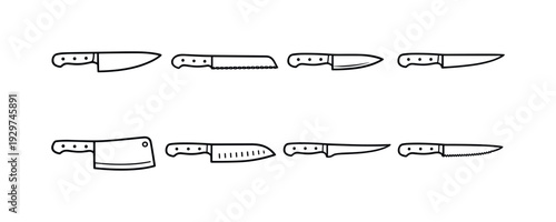 Kitchen knife types: linear style chef knife, bread knife, paring knife, carving knife, cleaver, santoku knife, fillet knife, steak knife