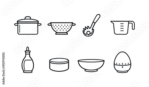 Home pasta cooking essentials: linear style stock pot, colander, pasta spoon, measuring cup, olive oil bottle, salt cellar, serving bowl, kitchen timer
