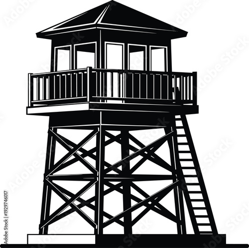 Black and white of a tall wooden observation tower with a ladder and a railed platform wooden structure