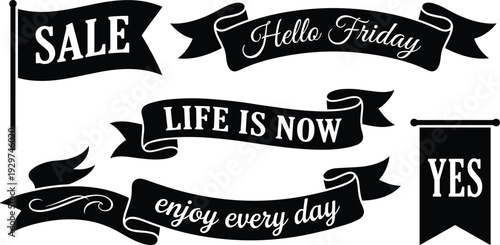 Motivational banner vector illustration collection, five black designs with bold typography showing sale, lifestyle, positivity, and inspirational phrases