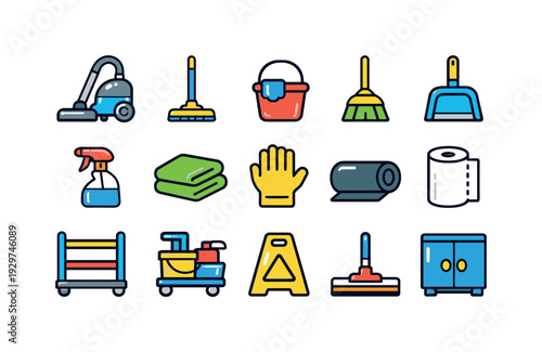 Urban co-living shared cleaning closet items: vacuum cleaner, mop handle, mop bucket, broom, dustpan, spray bottle, cleaning cloth, rubber glove, trash bag roll