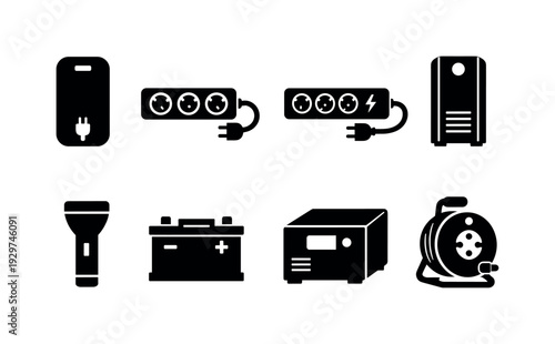 Home power backup items: power bank, extension cord, surge protector, UPS unit, flashlight, spare battery, inverter box, cable reel