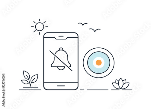 Digital well-being and notification control in modern everyday technology use emphasizing intentional focus, a smartphone with muted bell icon and a small focus