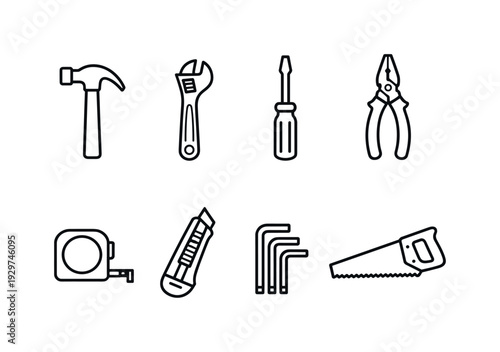 Home garage hand tools: linear style claw hammer, adjustable wrench, screwdriver, pliers, tape measure, utility knife, hex key, hand saw