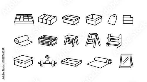 Home kitchen drawer storage items: linear style drawer organizer, divider insert, storage bin, fabric box, label tag, shelf liner, storage crate, folding stool,