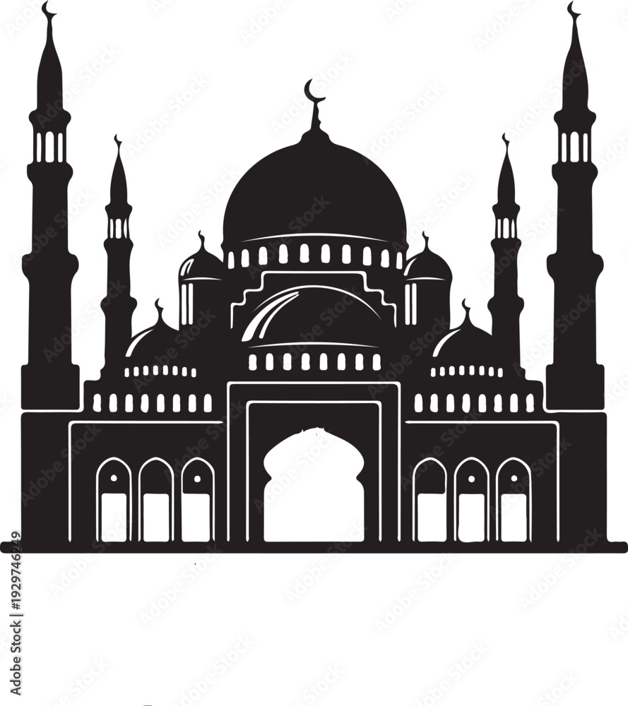 Fototapeta premium Vector illustration of the Taj Mahal silhouette featuring the iconic marble dome and minaret architecture of the famous Indian landmark and mausoleum tomb in Agra under an Asian sky
