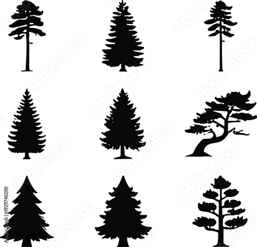 Tree silhouette icon set vector illustration featuring 9 unique species with varied foliage patterns and branch structures