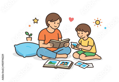 Calm family afternoon at home focused on shared presence and slow time together in a familiar space, a parent and child sitting on the floor sorting simple