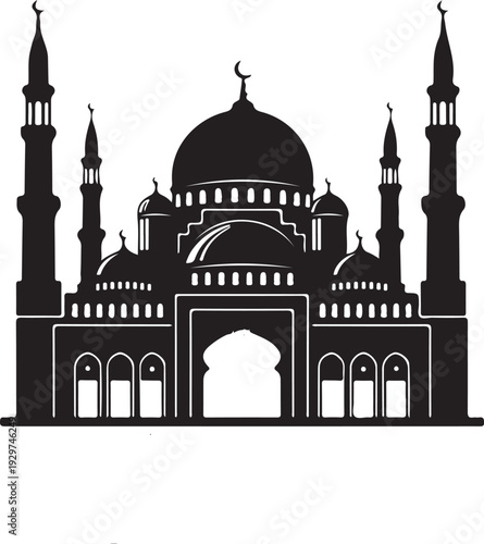 Vector illustration of the Taj Mahal silhouette featuring the iconic marble dome and minaret architecture of the famous Indian landmark and mausoleum tomb in Agra under an Asian sky