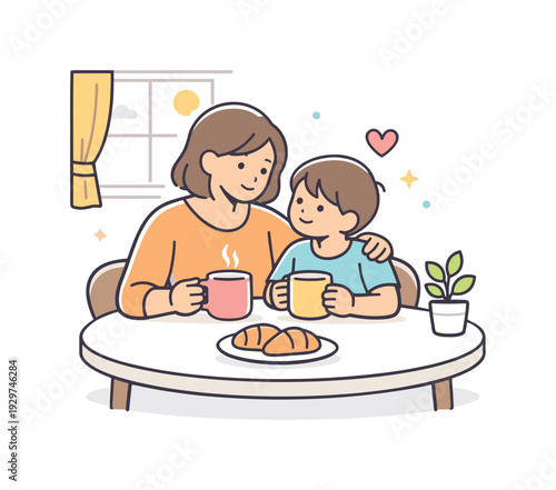 Peaceful family morning at home focused on gentle closeness and shared routine before the day begins, an adult and child sitting together at a small kitchen