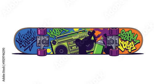 Vibrant skateboard with graffiti and boombox for urban style and music