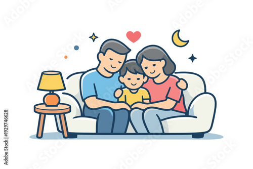 Peaceful family evening centered on emotional closeness and shared rest at the end of the day, two adults and a child sitting close together on a sofa near a