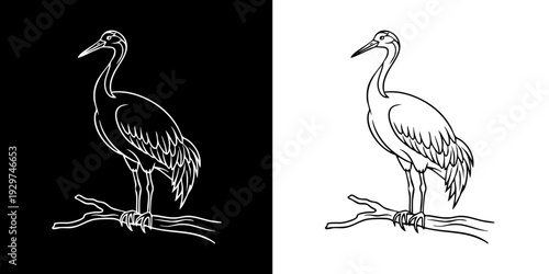 Elegant heron standing on branch in simple line art style