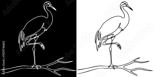 Elegant heron standing on branch in dynamic pose