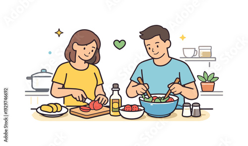 Everyday family care shown through calm shared household routine in a familiar home space, two adults quietly preparing a simple meal together at a small