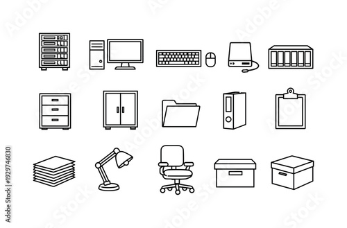 Data processing equipment in linear style: server rack, desktop computer, monitor, keyboard, mouse, external hard drive, storage cabinet, filing cabinet,