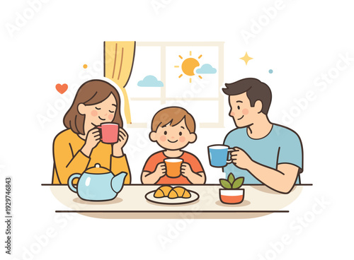 Quiet family morning at home centered on closeness and unhurried time together before the day begins, a kitchen table with two adults and a child drinking tea
