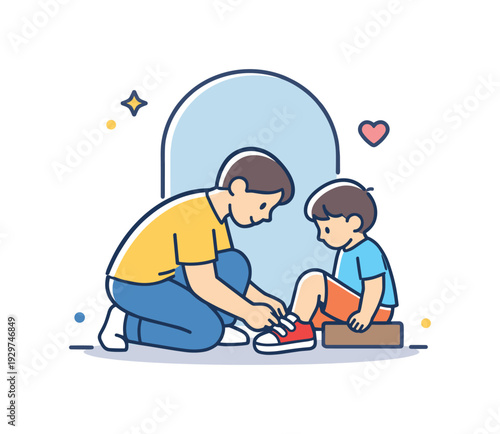 Everyday family care expressed through quiet supportive moment in daily home life, a parent gently tying a childs shoelaces near a simple door shape