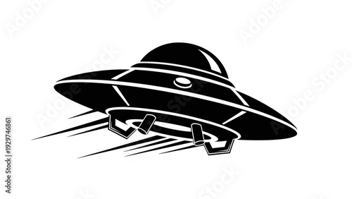 Retro flying saucer UFO silhouette, alien spacecraft, science fiction, space travel, vintage design