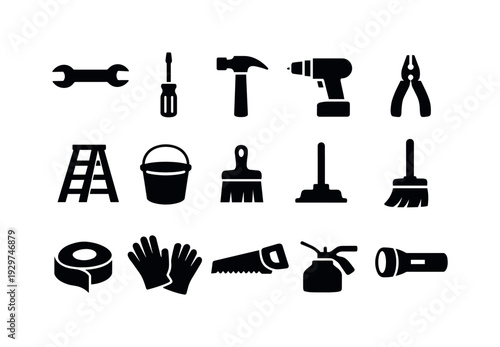 Maintenance tools in silhouette style: wrench, screwdriver, hammer, drill, pliers, ladder, bucket, brush, mop, broom, tape, gloves, saw, oil can, flashlight